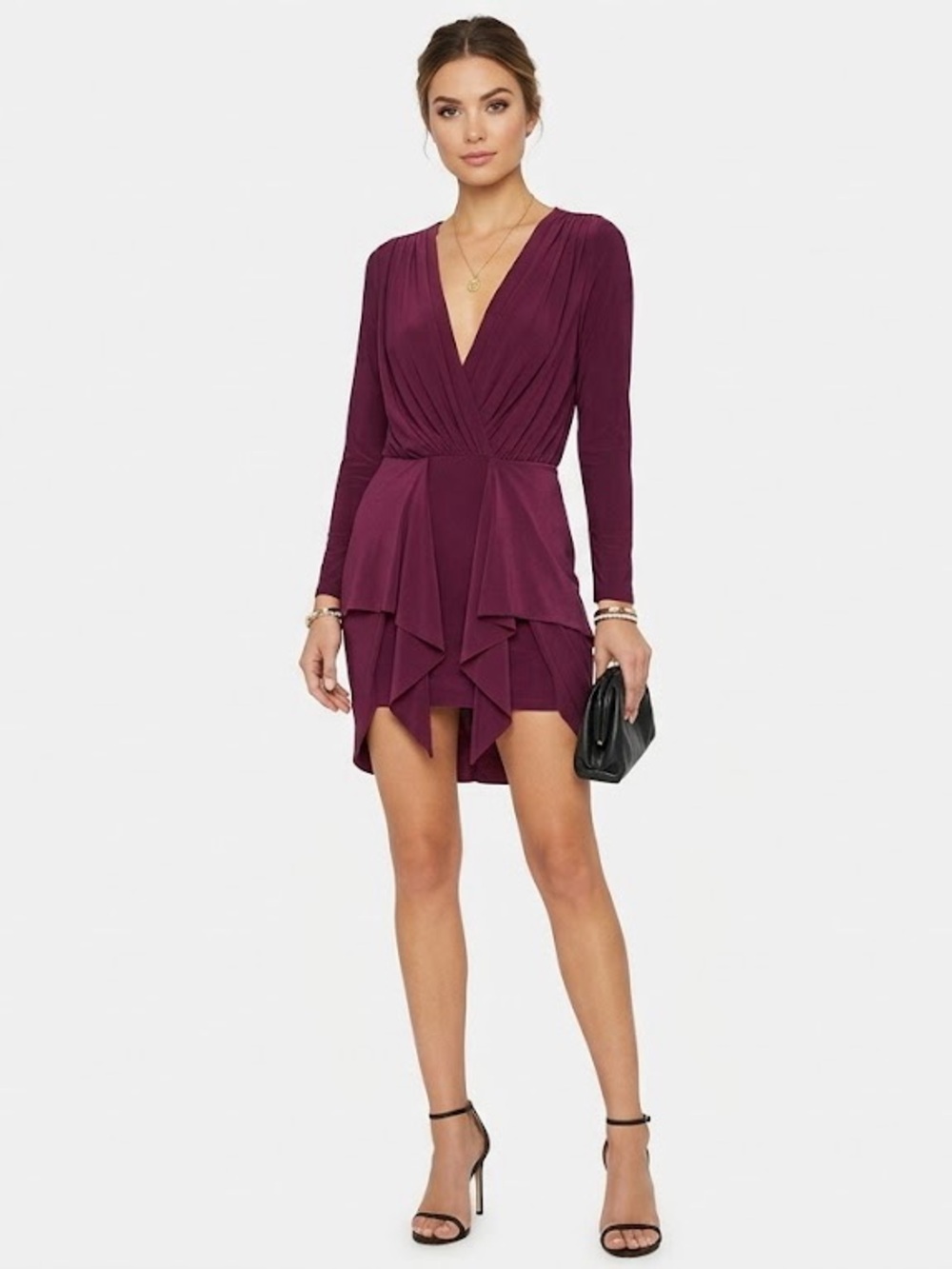 MISA Los Angeles Burgundy|Plum Long Sleeve Drape Front Plunge VNeck MiniDress XS